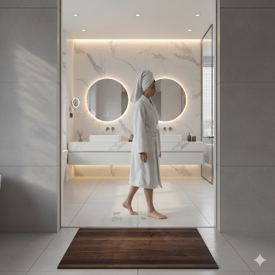 Tapis pour salle de bain motif bois sombre