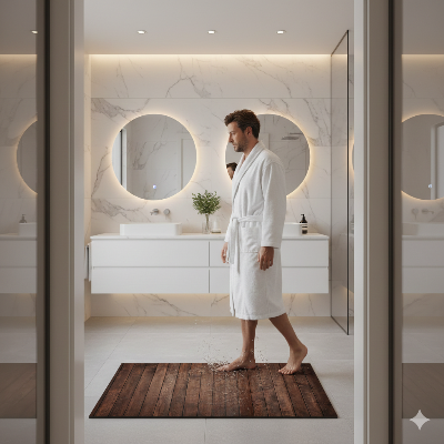 Tapis pour salle de bain motif bois tranche